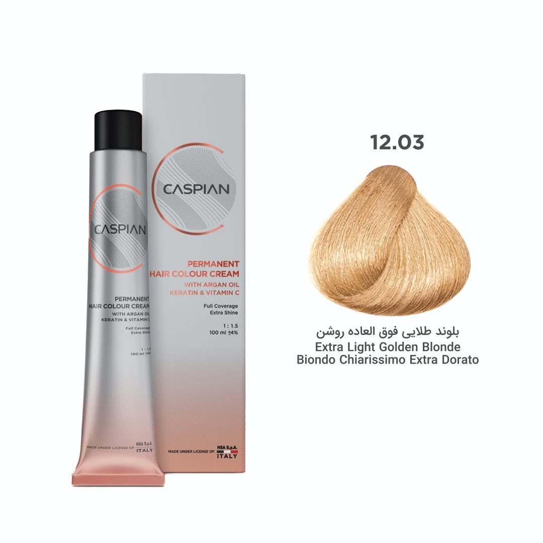 caspian-12.03- رنگ مو شماره 12.03 بلوند طلایی فوق العاده روشن حجم۱۰۰میل کاسپین - تصویر 1