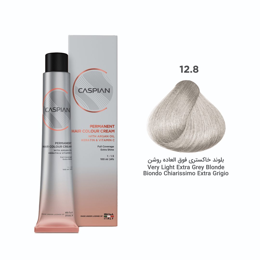 caspian-12.8- رنگ مو شماره 12.8بلوند خاکستری فوق العاده روشن حجم۱۰۰میل کاسپین - تصویر 1