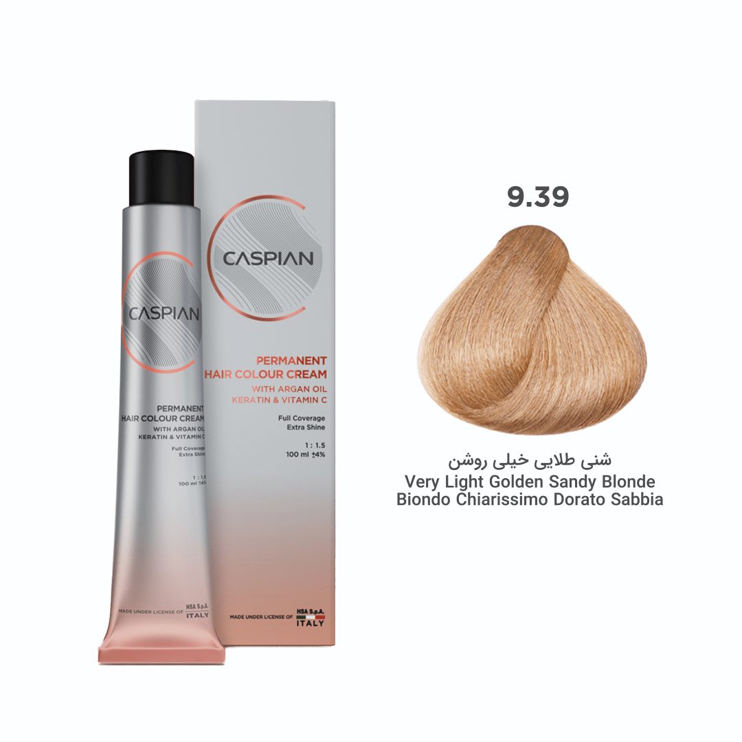 caspian-9.39-min رنگ مو شماره 9.39شنی طلایی خیلی روشن حجم۱۰۰میل کاسپین - تصویر 1